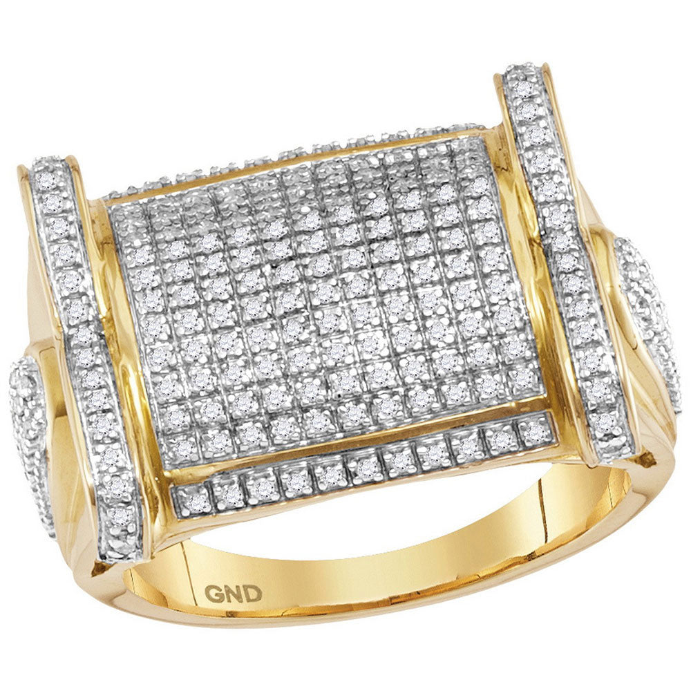 10kt Yellow Gold Mens Round Diamond Rectangle Cluster Ring 3/4 Cttw