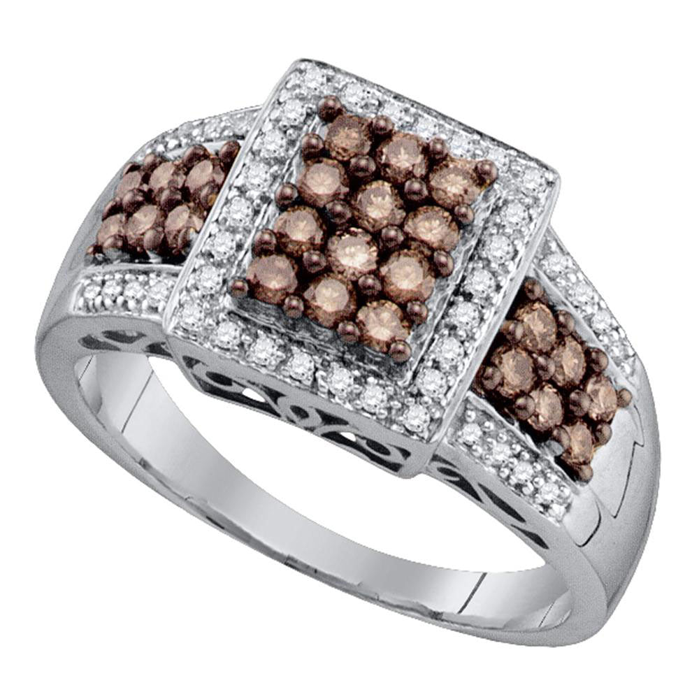 10kt White Gold Womens Round Brown Diamond Square Cluster Ring 5/8 Cttw