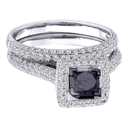 14kt White Gold Princess Black Color Enhanced Diamond Wedding Ring Set 1-1/4 Cttw Sz 8