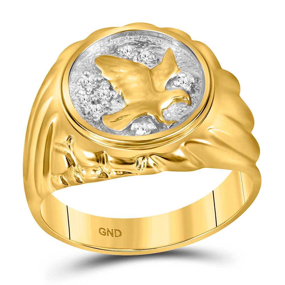 10kt Yellow Gold Mens Round Diamond Cluster Eagle Bird Ring 1/10 Cttw