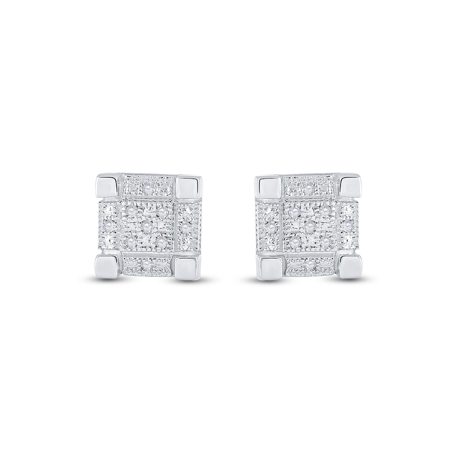 Sterling Silver Mens Round Diamond 3D Cube Square Earrings 1/20 Cttw