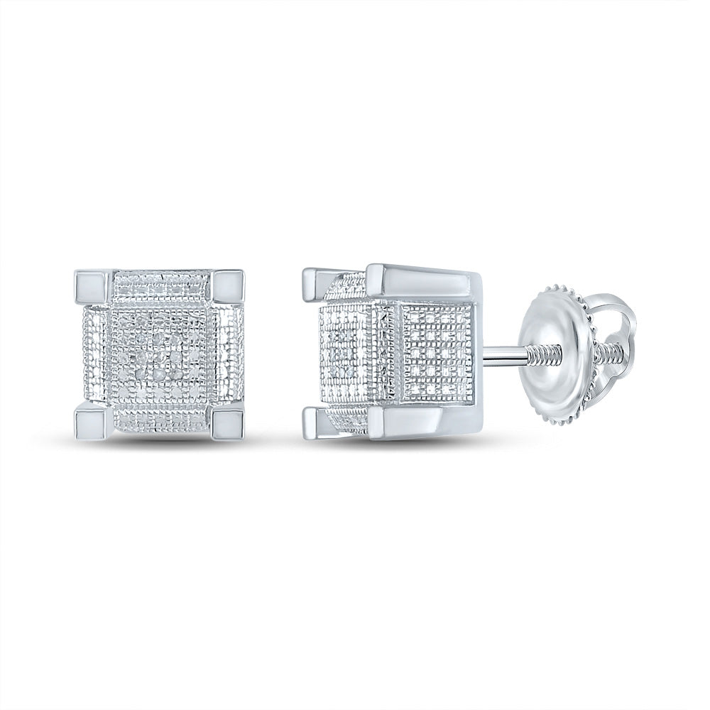 Sterling Silver Mens Round Diamond Square Earrings 1/20 Cttw
