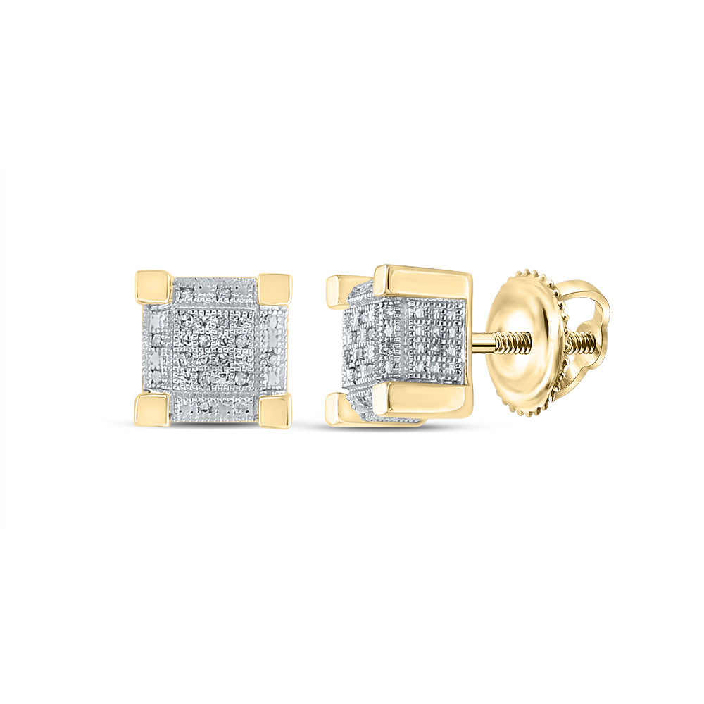 Yellow-tone Sterling Silver Mens Round Diamond 3D Cube Square Earrings 1/10 Cttw