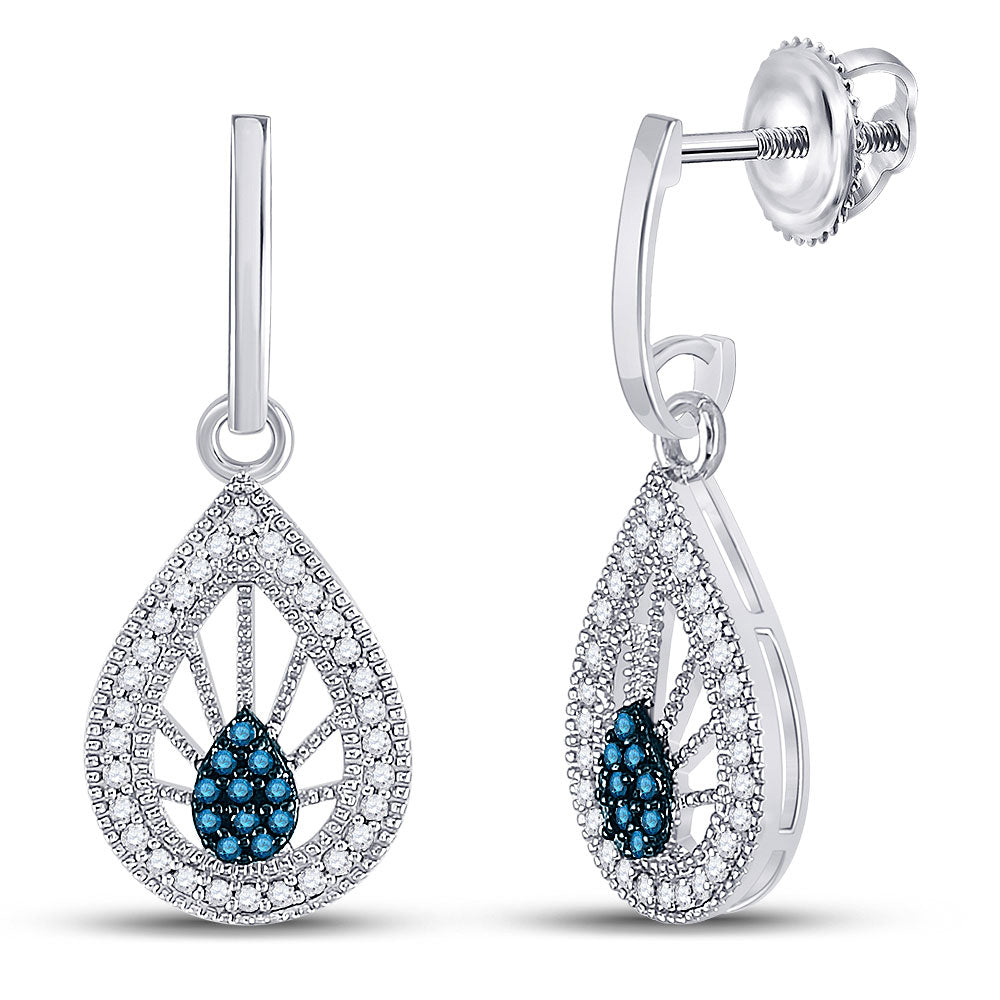 10kt White Gold Womens Round Blue Color Enhanced Diamond Teardrop Earrings 1/4 Cttw