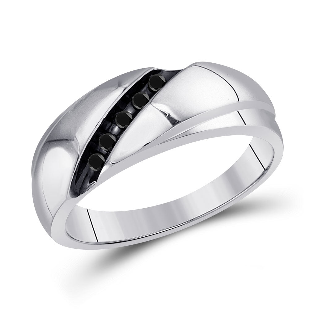Sterling Silver Mens Round Black Color Enhanced Diamond Diagonal Row Band Ring 1/8 Cttw