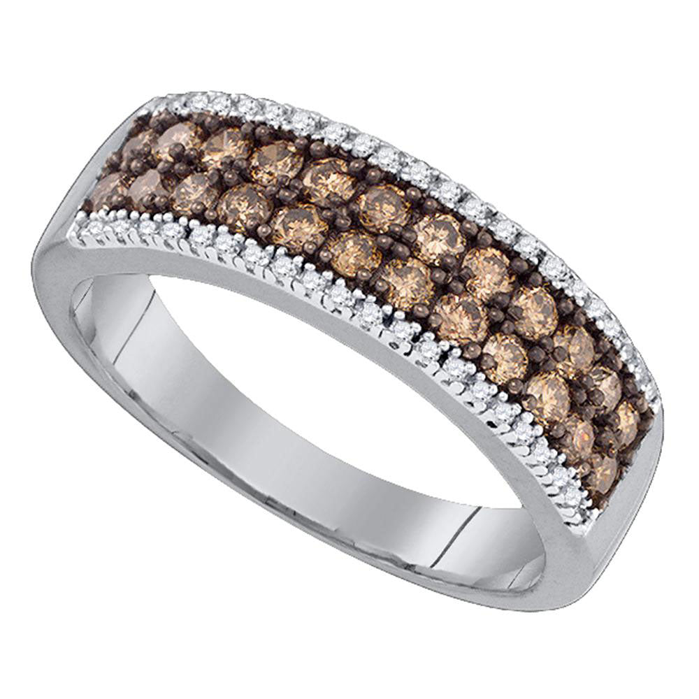 14kt White Gold Womens Round Brown Diamond 2-row Band Ring 3/4 Cttw
