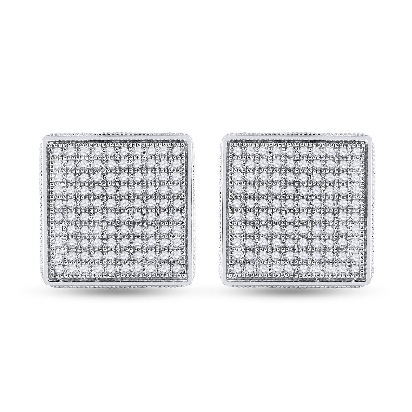 Sterling Silver Mens Round Diamond 3D Square Earrings 1/2 Cttw