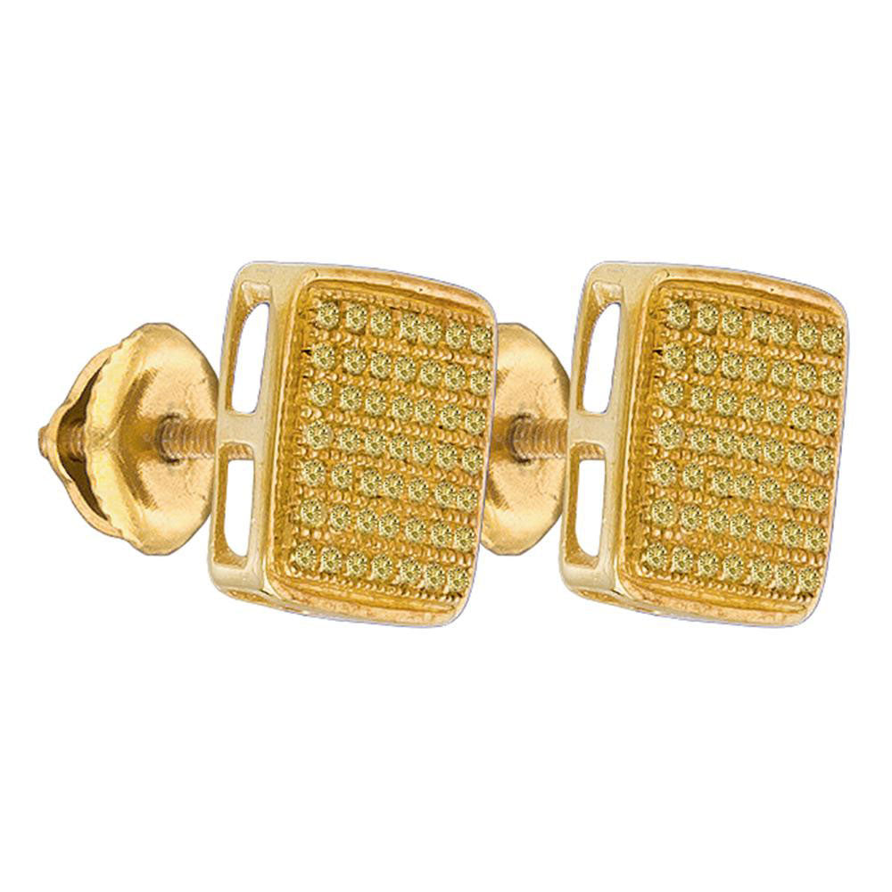 Yellow-Tone Sterling Silver Mens Round Yellow Color Enhanced Diamond Square Earrings 1/3 Cttw