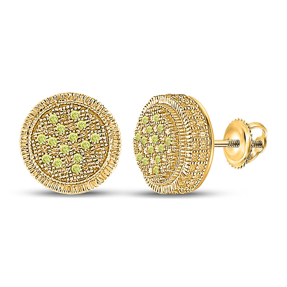Sterling Silver Mens Round Yellow Color Enhanced Diamond Cluster Earrings 1/10 Cttw