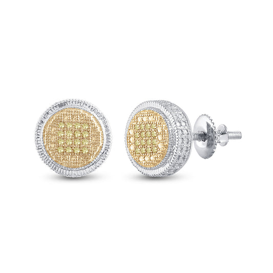 Sterling Silver Mens Round Yellow Color Enhanced Diamond Disk Circle Earrings 1/10 Cttw