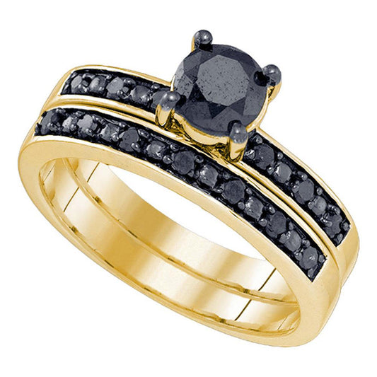 10kt Yellow Gold Womens Round Black Color Enhanced Diamond Bridal Wedding Ring Set 1 Cttw