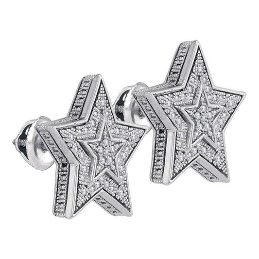 Sterling Silver Mens Round Diamond Star Cluster Stud Earrings 1/10 Cttw