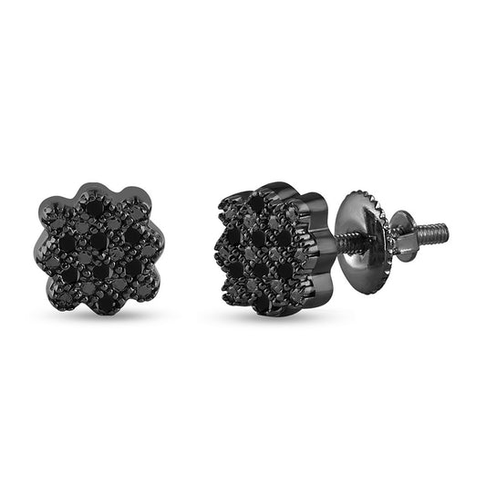 Sterling Silver Mens Round Black Color Enhanced Diamond Cluster Earrings 1/20 Cttw