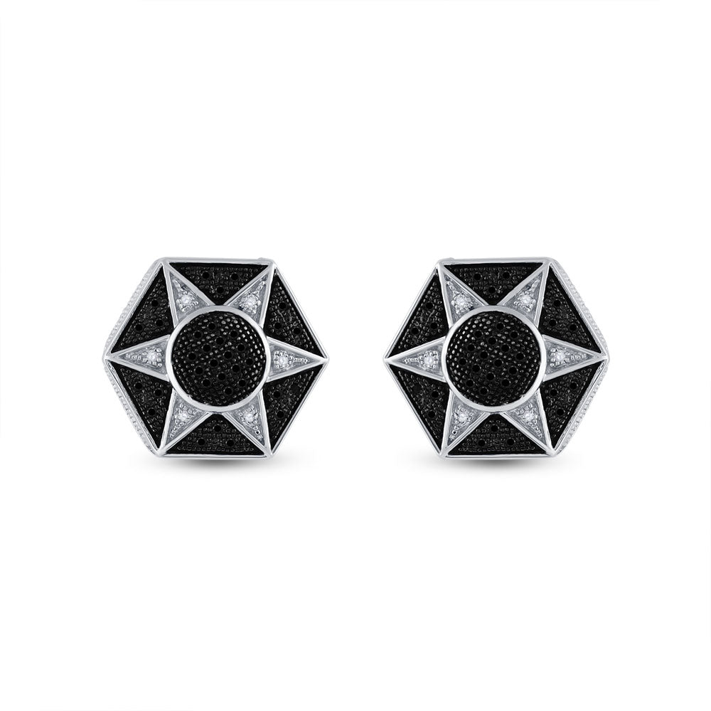 Sterling Silver Round Black Color Enhanced Diamond Hexagon Star Cluster Earrings 1/5 Cttw