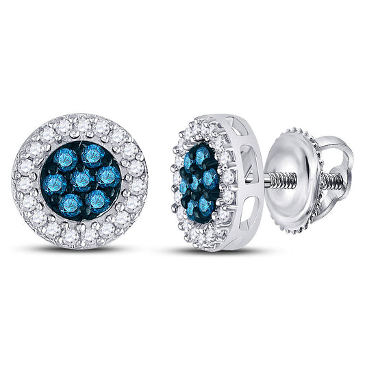 10kt White Gold Womens Round Blue Color Enhanced Diamond Cluster Earrings 1/2 Cttw