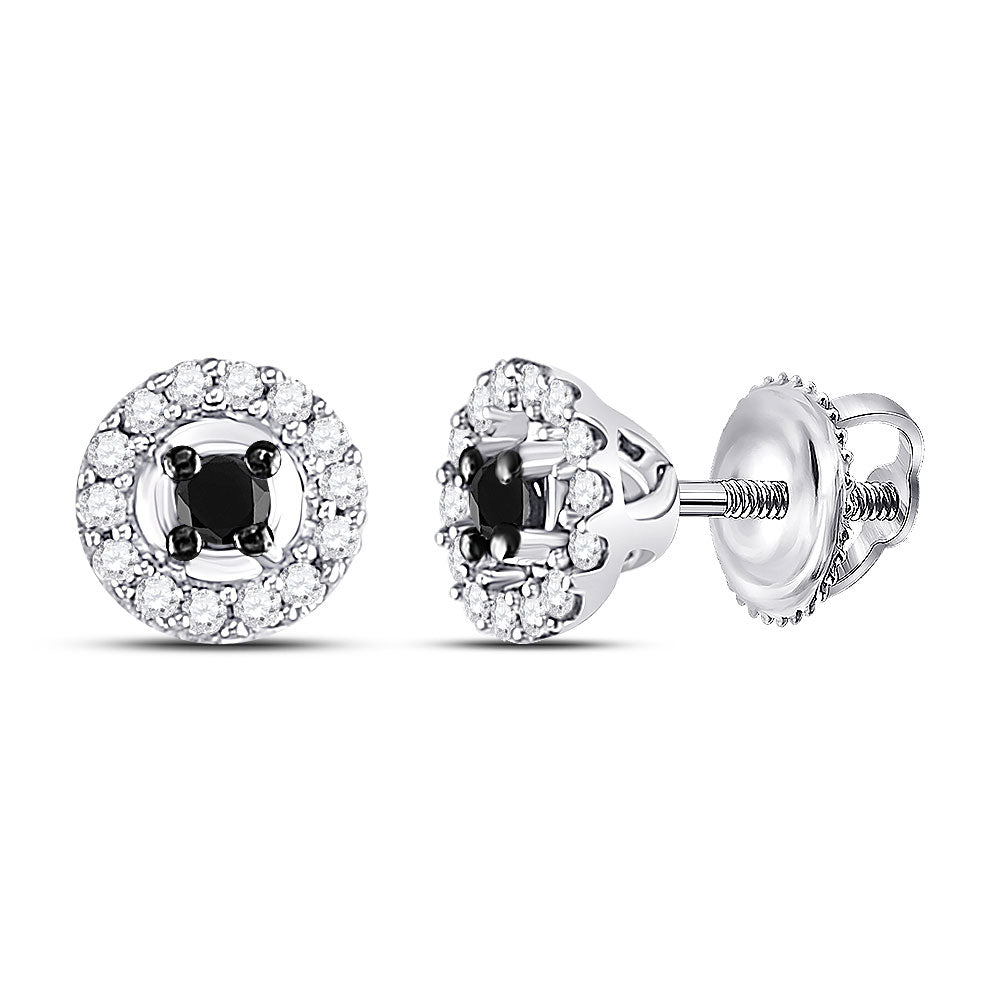 10kt White Gold Womens Round Black Color Enhanced Diamond Cluster Earrings 1/5 Cttw