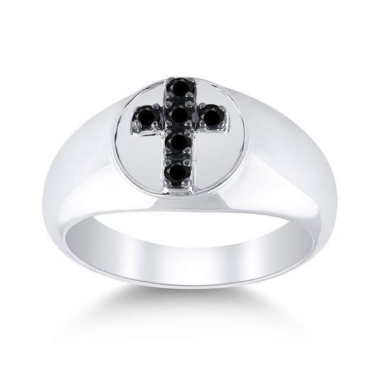 Sterling Silver Mens Round Black Color Enhanced Diamond Cross Ring 1/4 Cttw