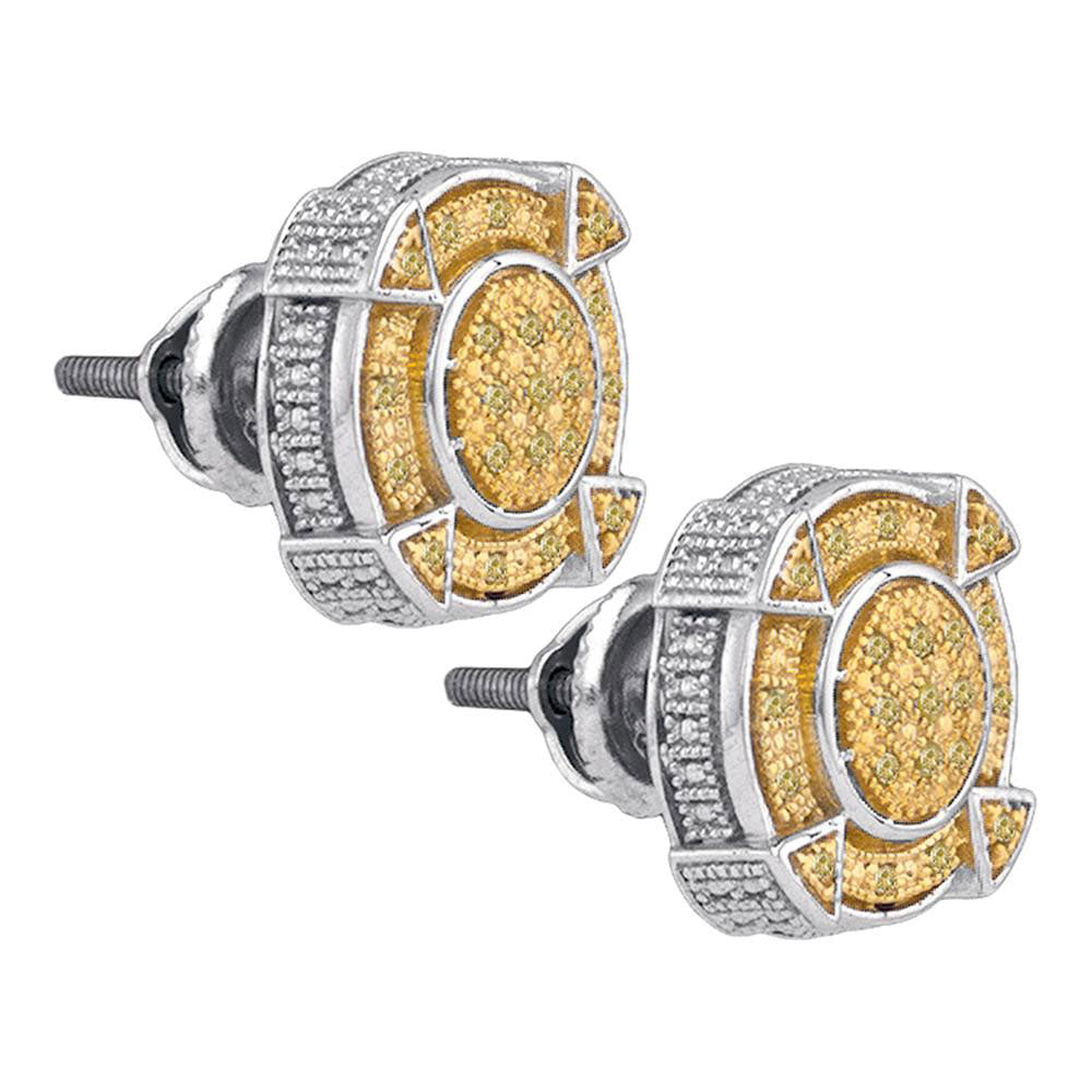 Sterling Silver Mens Round Yellow Color Enhanced Diamond Cluster Earrings 1/6 Cttw