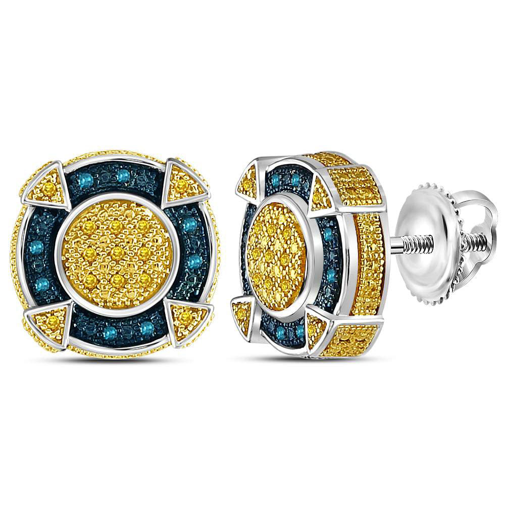 Sterling Silver Mens Round Yellow Color Enhanced Diamond Circle Earrings 1/6 Cttw