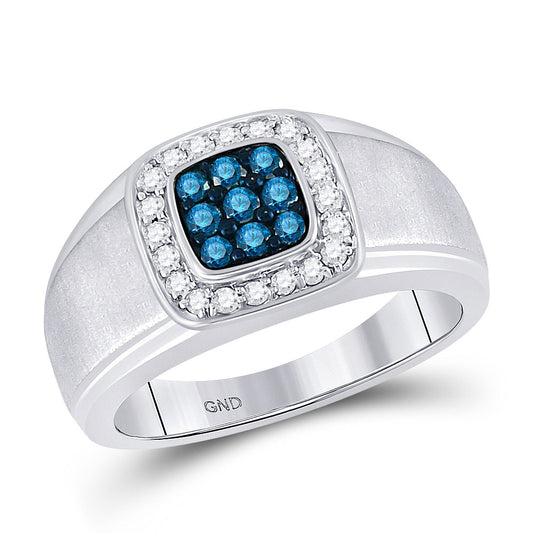 10kt White Gold Mens Round Blue Color Enhanced Diamond Square Ring 1/2 Cttw