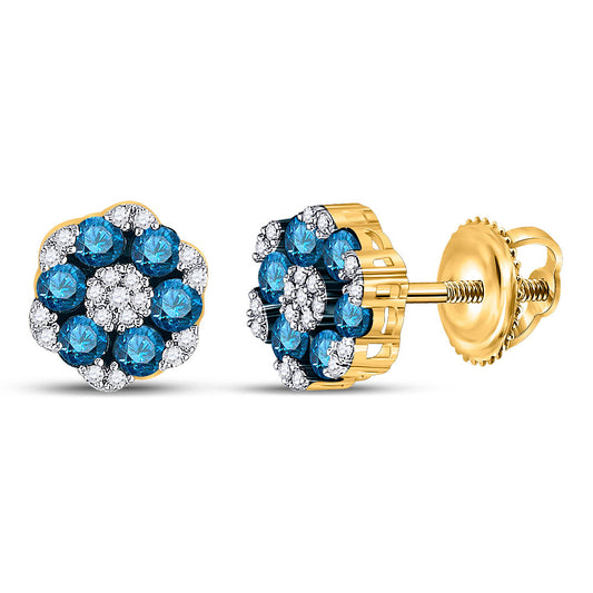 10kt Yellow Gold Womens Round Blue Color Enhanced Diamond Cluster Earrings 1 Cttw