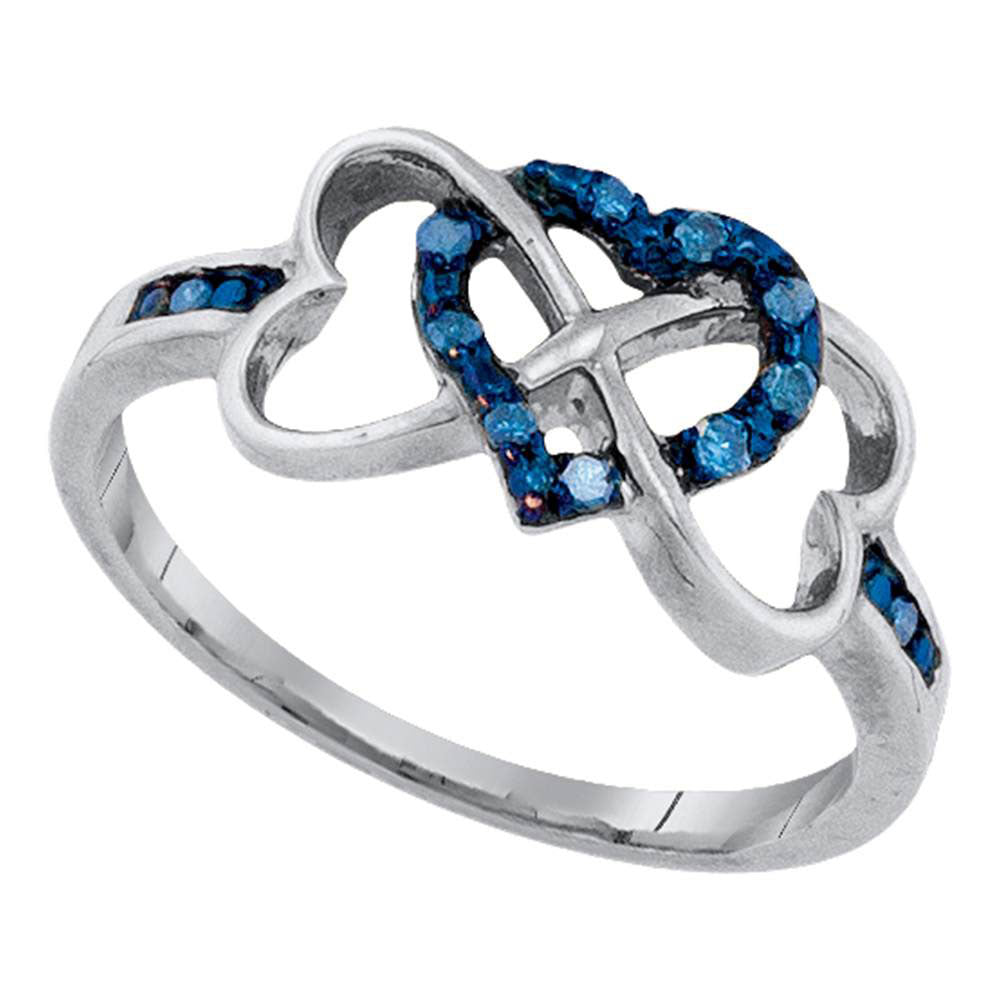 10kt White Gold Womens Round Blue Color Enhanced Diamond Triple Trinity Heart Ring 1/10 Cttw