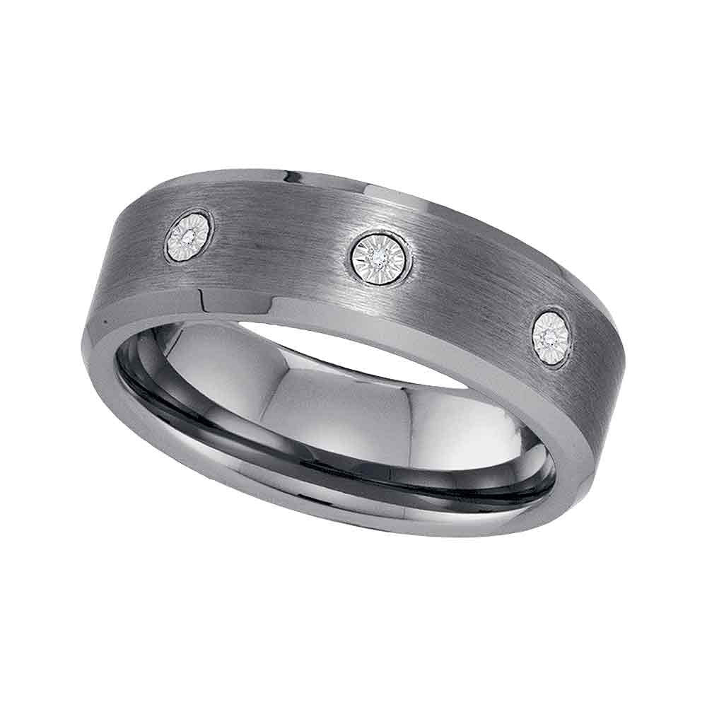 Tungsten Carbide Mens Round Diamond Matte 3-Stone Band Ring .03 Cttw Size 12