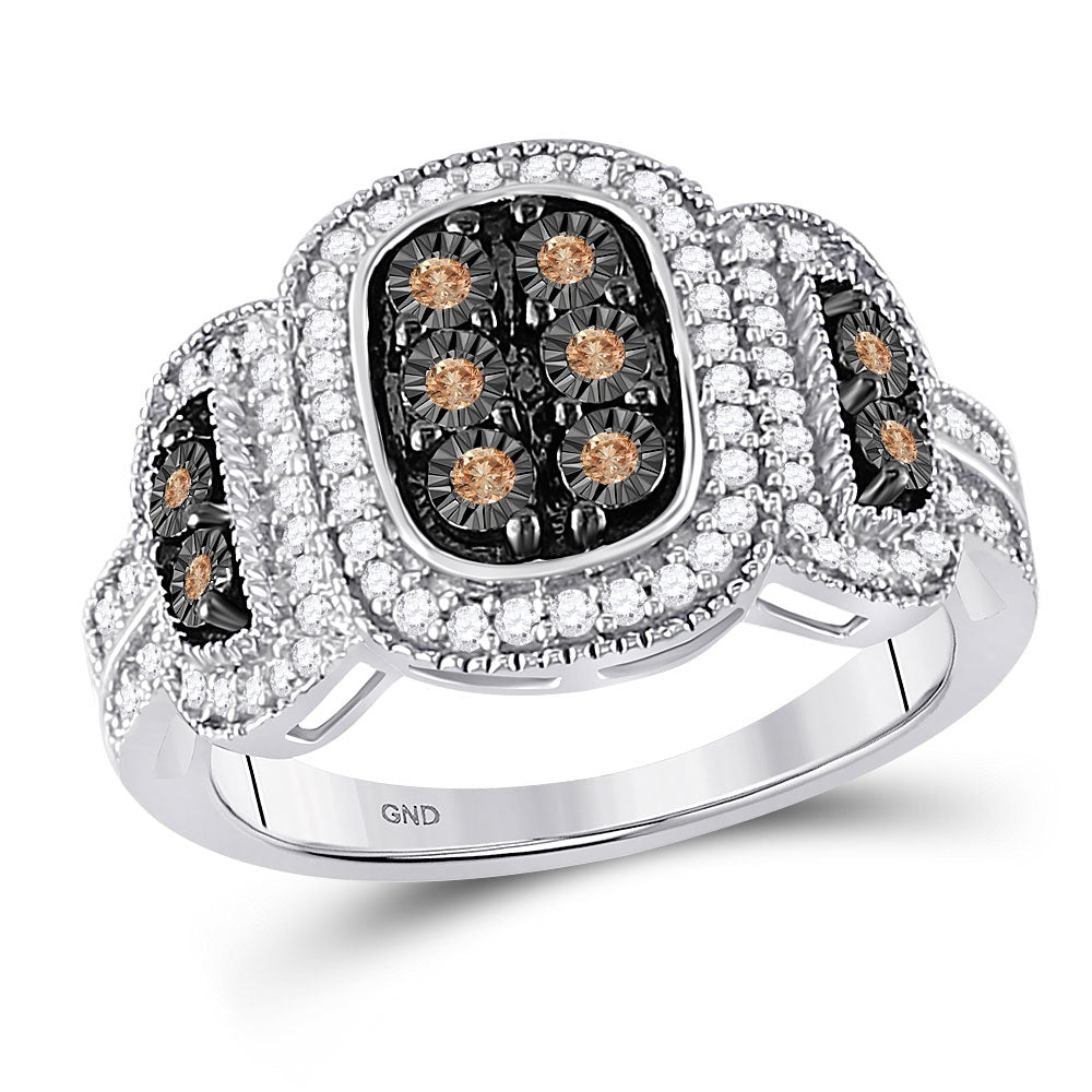 10kt White Gold Womens Round Brown Diamond Cluster Ring 1/3 Cttw