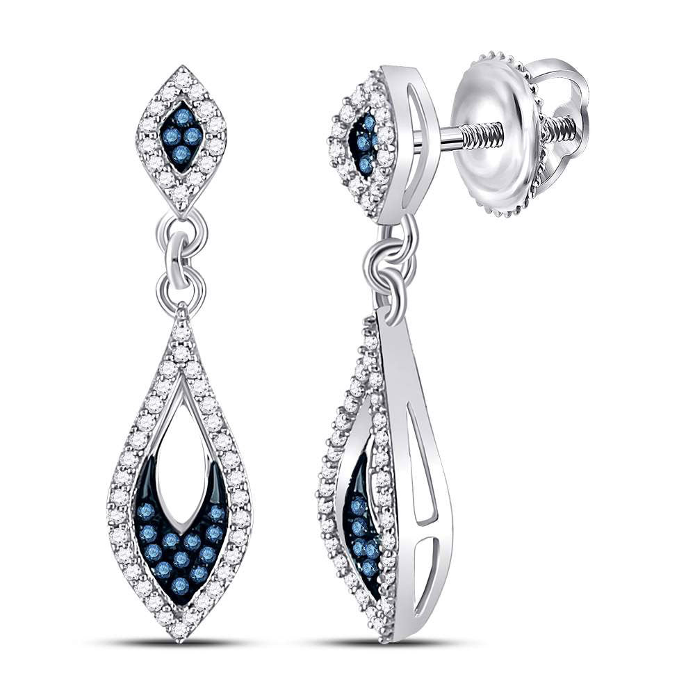 10kt White Gold Womens Round Blue Color Enhanced Diamond Dangle Earrings 1/3 Cttw