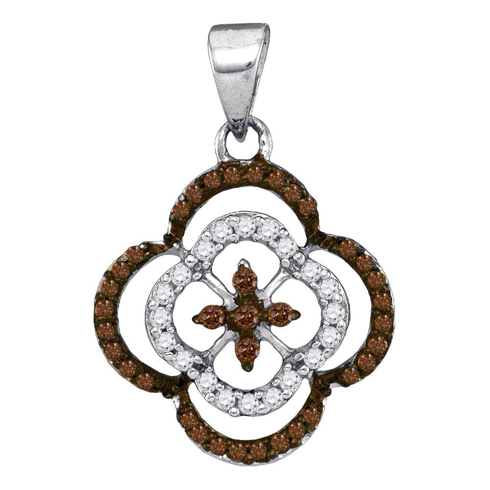 10kt White Gold Womens Round Brown Diamond Quatrefoil Cluster Pendant 1/4 Cttw