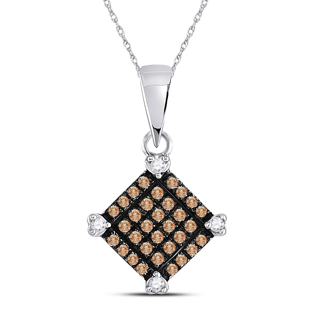 10kt White Gold Womens Round Brown Diamond Square Pendant 1/6 Cttw