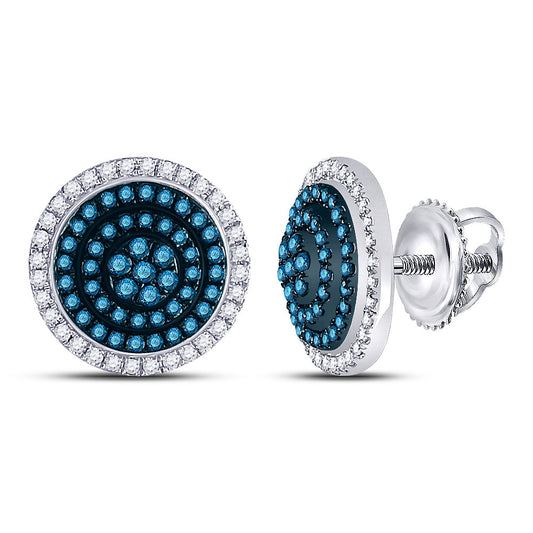 10kt White Gold Womens Round Blue Color Enhanced Diamond Concentric Cluster Earrings 1/2 Cttw