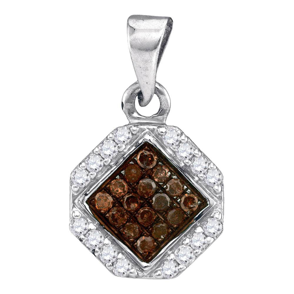 10kt White Gold Womens Round Brown Diamond Geometric Cluster Pendant 1/4 Cttw