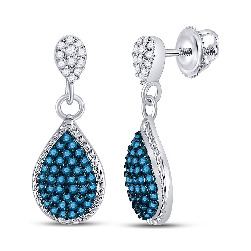 10kt White Gold Womens Round Blue Color Enhanced Diamond Teardrop Dangle Earrings 1/2 Cttw