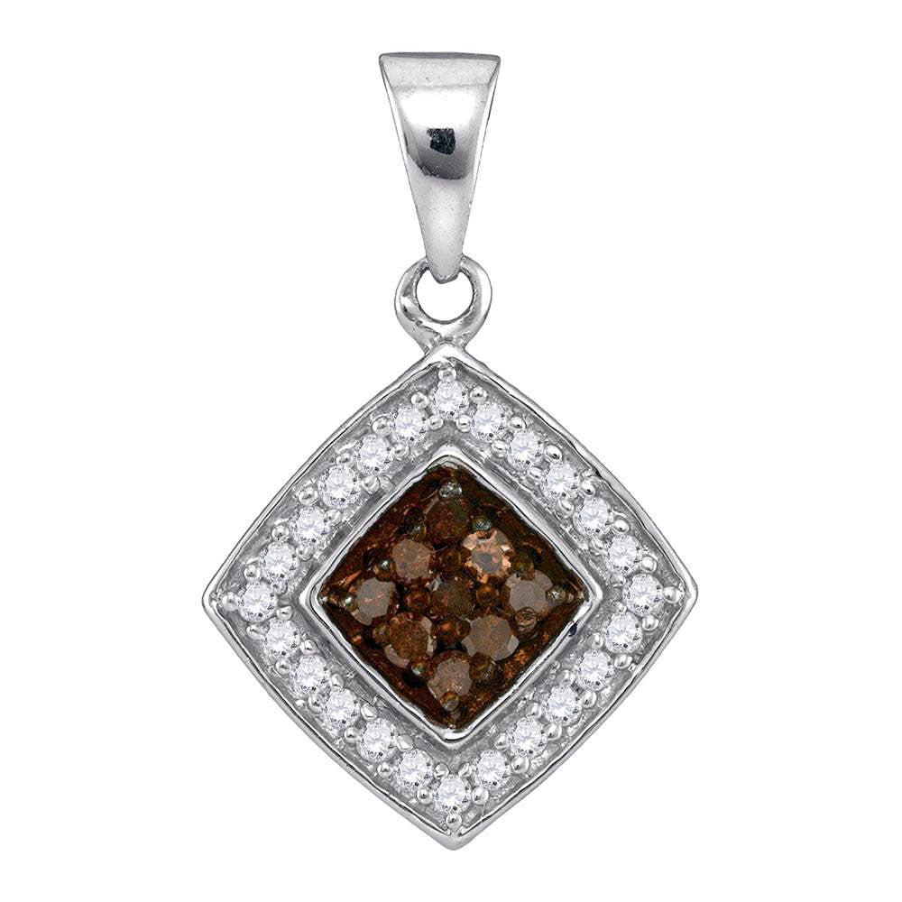 10kt White Gold Womens Round Brown Diamond Square Pendant 1/4 Cttw