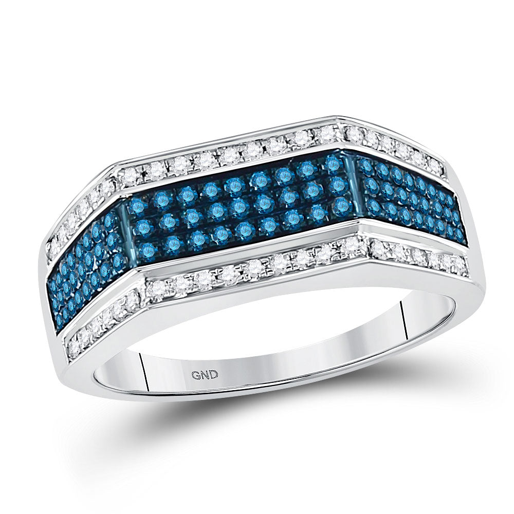 10kt White Gold Mens Round Blue Color Enhanced Diamond Band Ring 3/4 Cttw