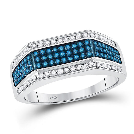 10kt White Gold Mens Round Blue Color Enhanced Diamond Band Ring 3/4 Cttw