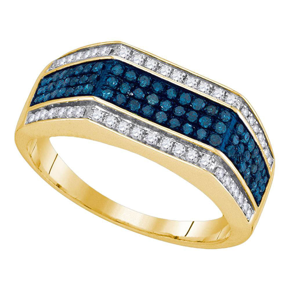 10kt Yellow Gold Mens Round Blue Color Enhanced Diamond Band Ring 3/4 Cttw