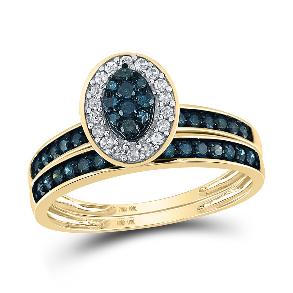 10kt Yellow Gold Round Blue Color Enhanced Diamond Bridal Wedding Ring Band Set 1/2 Cttw