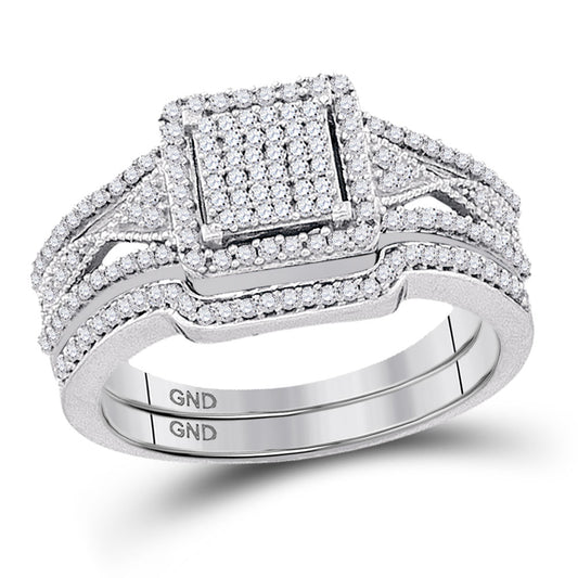 10kt White Gold Diamond Cluster Bridal Wedding Ring Band Set 3/8 Cttw