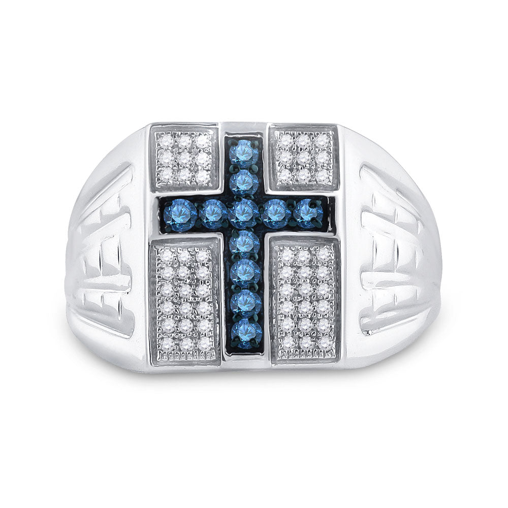 Sterling Silver Mens Round Blue Color Enhanced Diamond Cross Religious Ring 1/2 Cttw