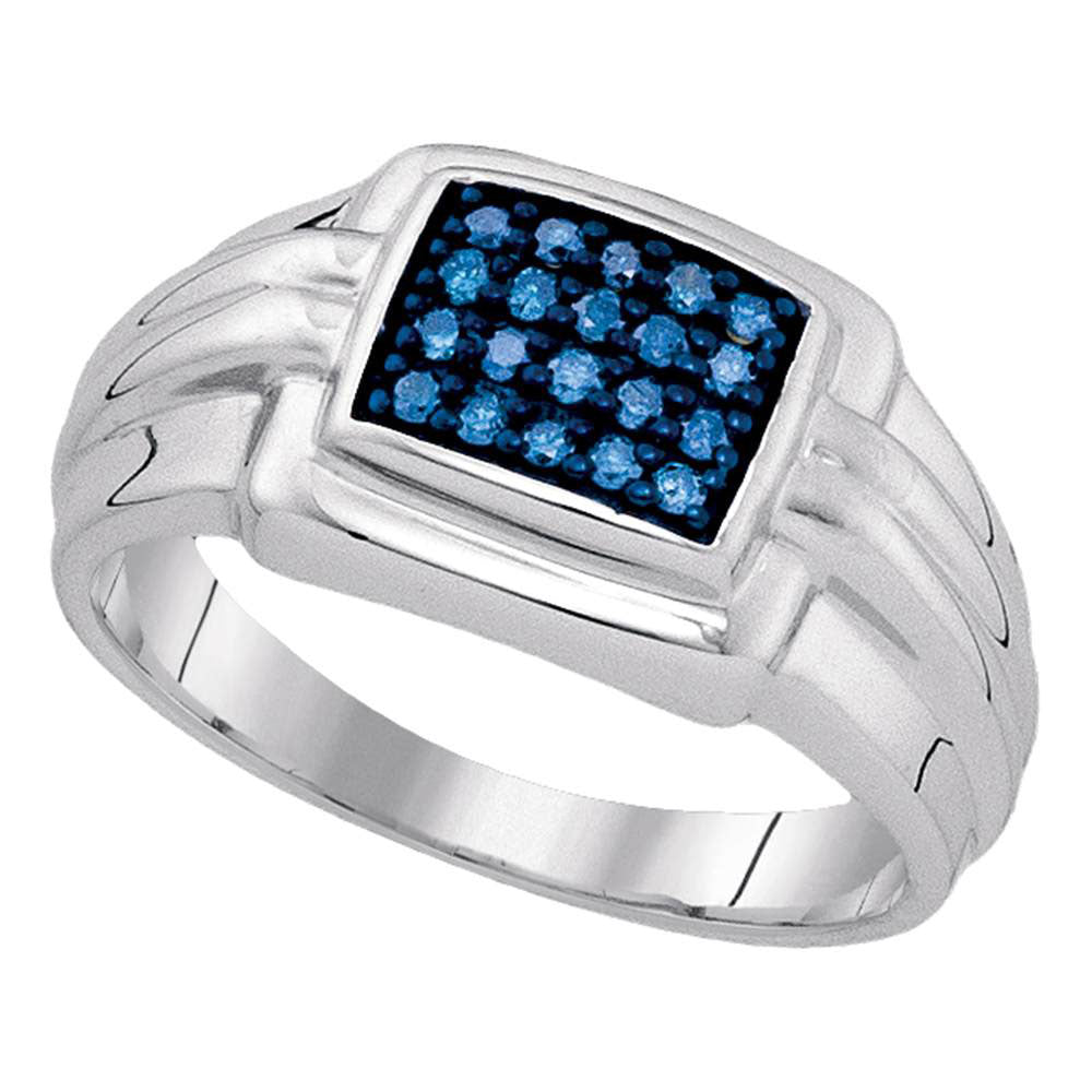 Sterling Silver Mens Round Blue Color Enhanced Diamond Cluster Ring 1/4 Cttw