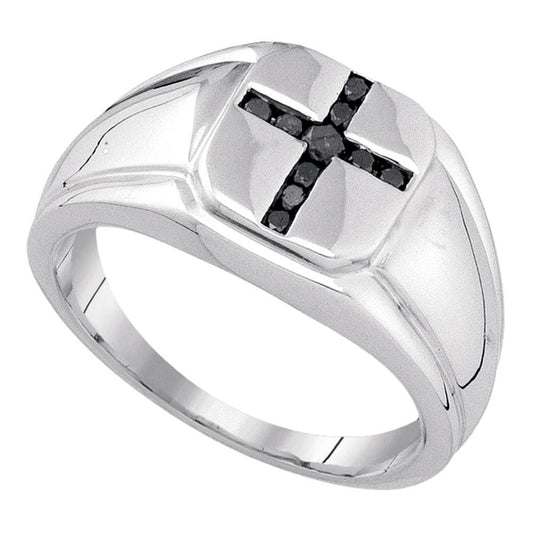Sterling Silver Mens Round Black Color Enhanced Diamond Cross Religious Ring 1/4 Cttw