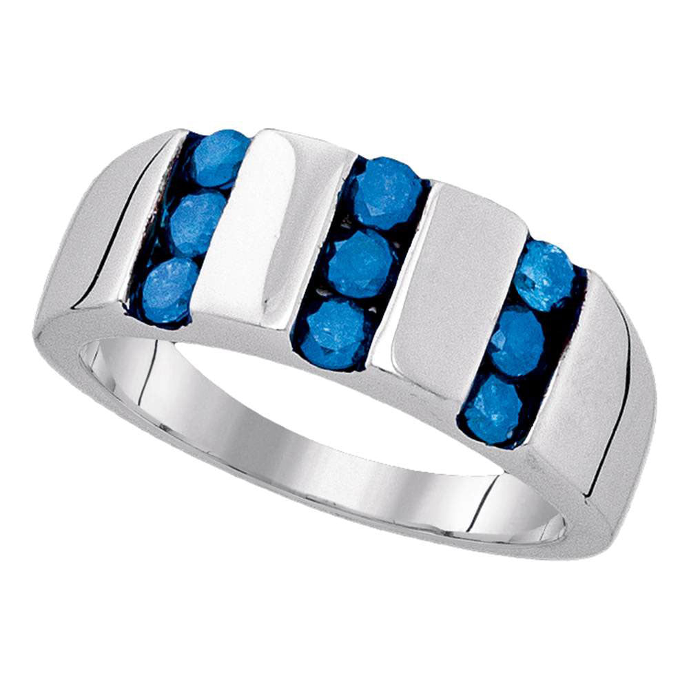 Sterling Silver Mens Round Blue Color Enhanced Channel-set Diamond Triple Row Band 1 Cttw