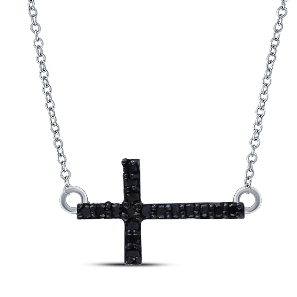 Sterling Silver Womens Round Black Color Enhanced Diamond Horizontal Cross Necklace 1/10 Cttw