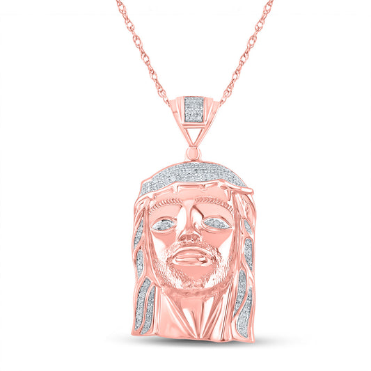Rose-tone Sterling Silver Mens Round Diamond Jesus Face Charm Pendant 3/8 Cttw