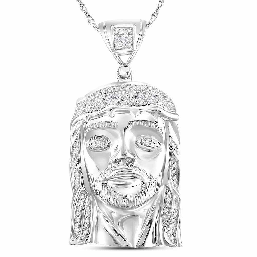 Sterling Silver Mens Round Diamond Jesus Face Charm Pendant 1/4 Cttw