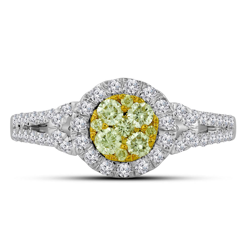 14kt White Gold Womens Round Natural Canary Yellow Diamond Cluster Ring 5/8 Cttw