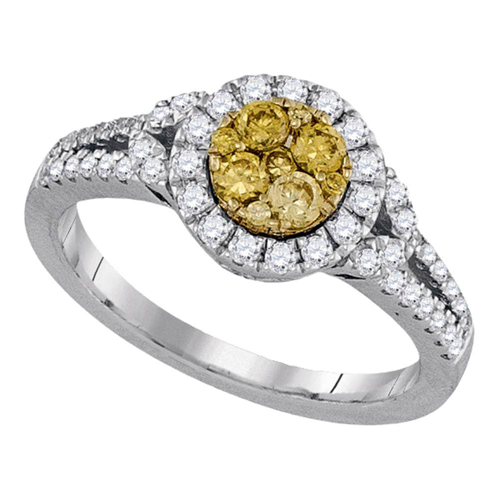 14kt White Gold Womens Round Natural Canary Yellow Diamond Cluster Ring 5/8 Cttw