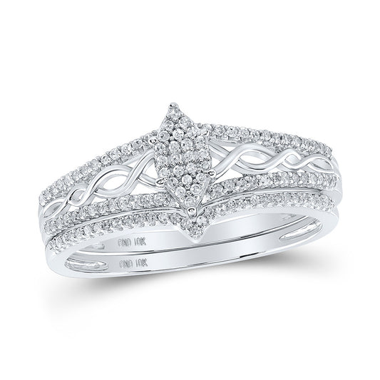 10kt White Gold Round Diamond Oval Cluster Bridal Wedding Ring Band Set 1/3 Cttw